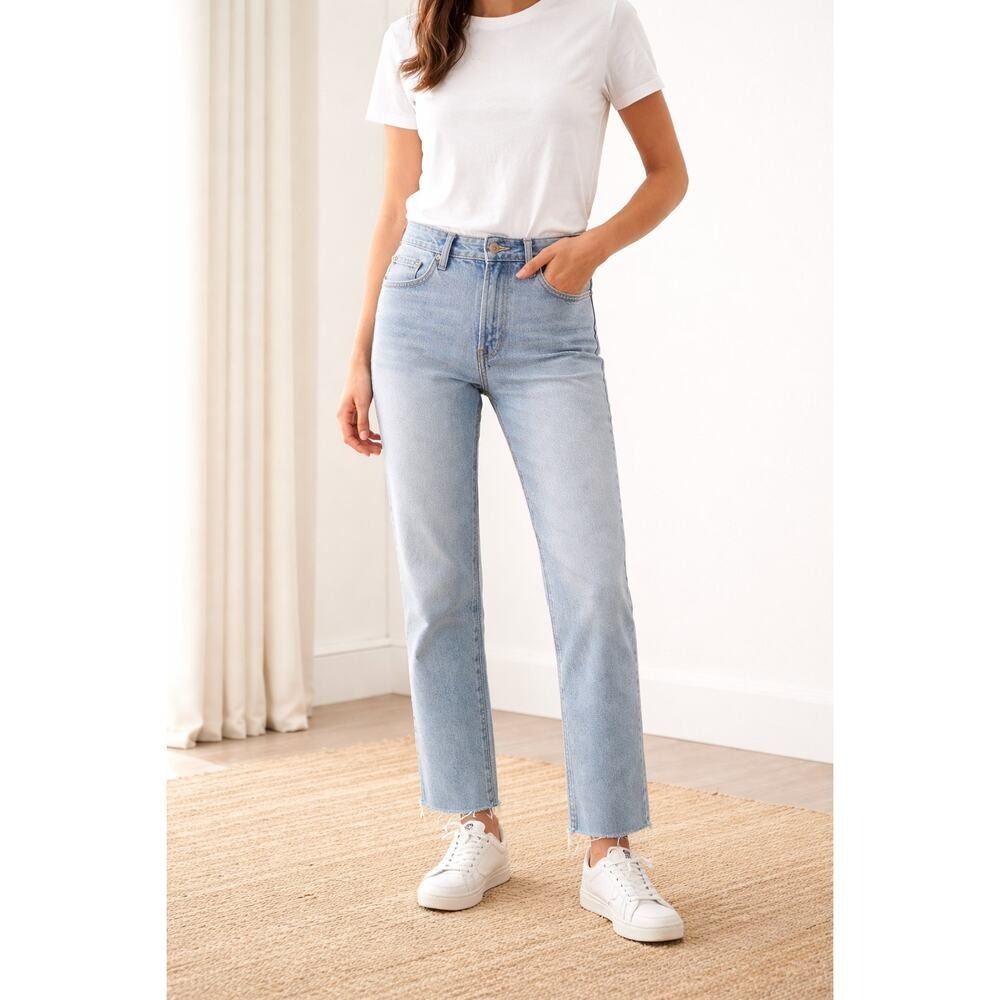 J.Crew Essential Straight Jeans High Rise Raw Hem Light Wash Denim Size 27